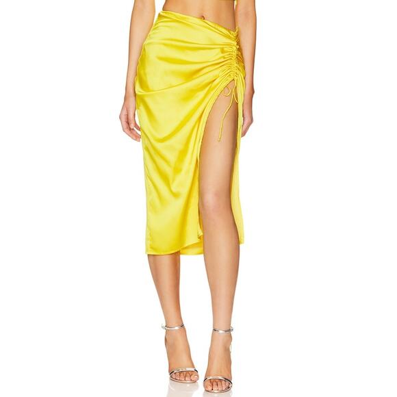 Superdown Kristy Ruched Midi Skirt Yellow Satin Front Slit High Rise Sz S - Picture 1 of 10